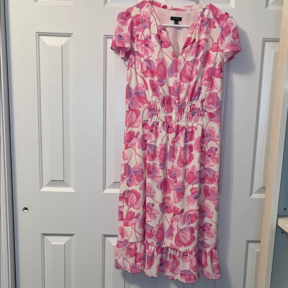 NWT Talbots Pink Floral Dress Short Sleeve Elastic Waist Size 2